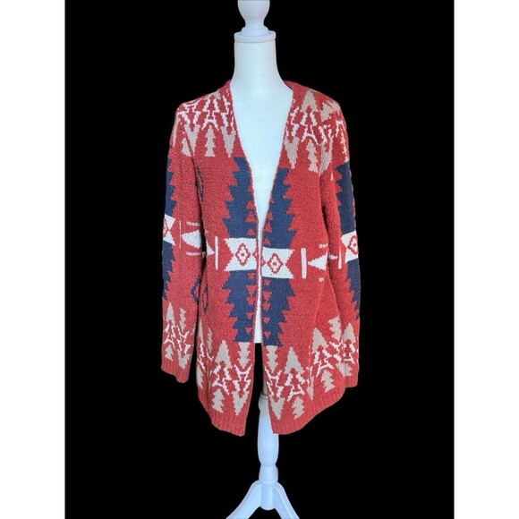 ALLY MAE Cardigan Sweater Womens Orange Aztec Soft Acrylic Open Front Sz L - Picture 1 of 10